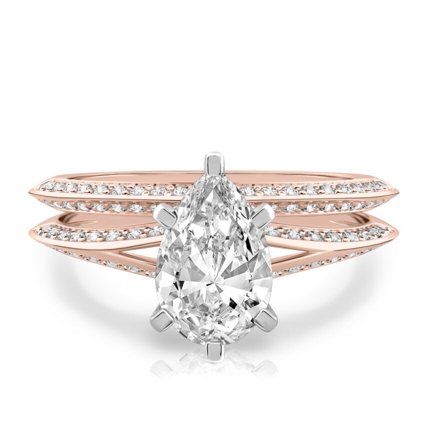 pear shape diamond split shank knife edge engagement ring in set rose gold