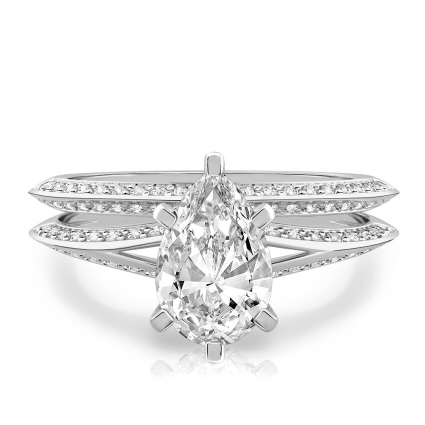 pear shape diamond split shank knife edge engagement ring in set white gold