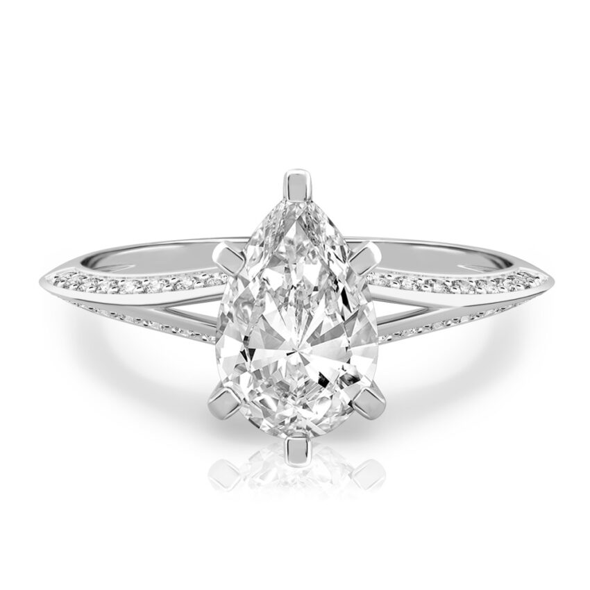 pear shape diamond split shank knife edge engagement ring in white gold