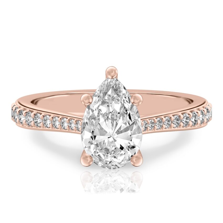pear shape diamond tapered engagement ring in rose gold