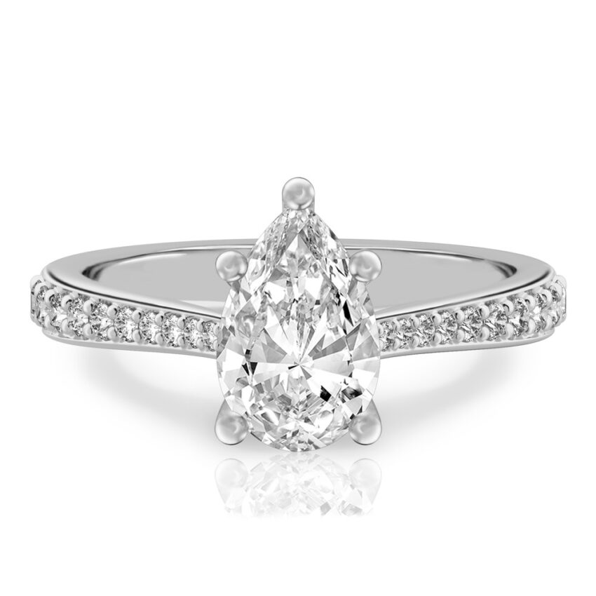 pear shape diamond tapered engagement ring in white gold