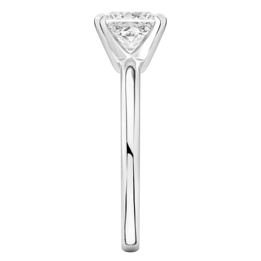 Side view of princess cut diamond classic solitaire engagement ring in platinum