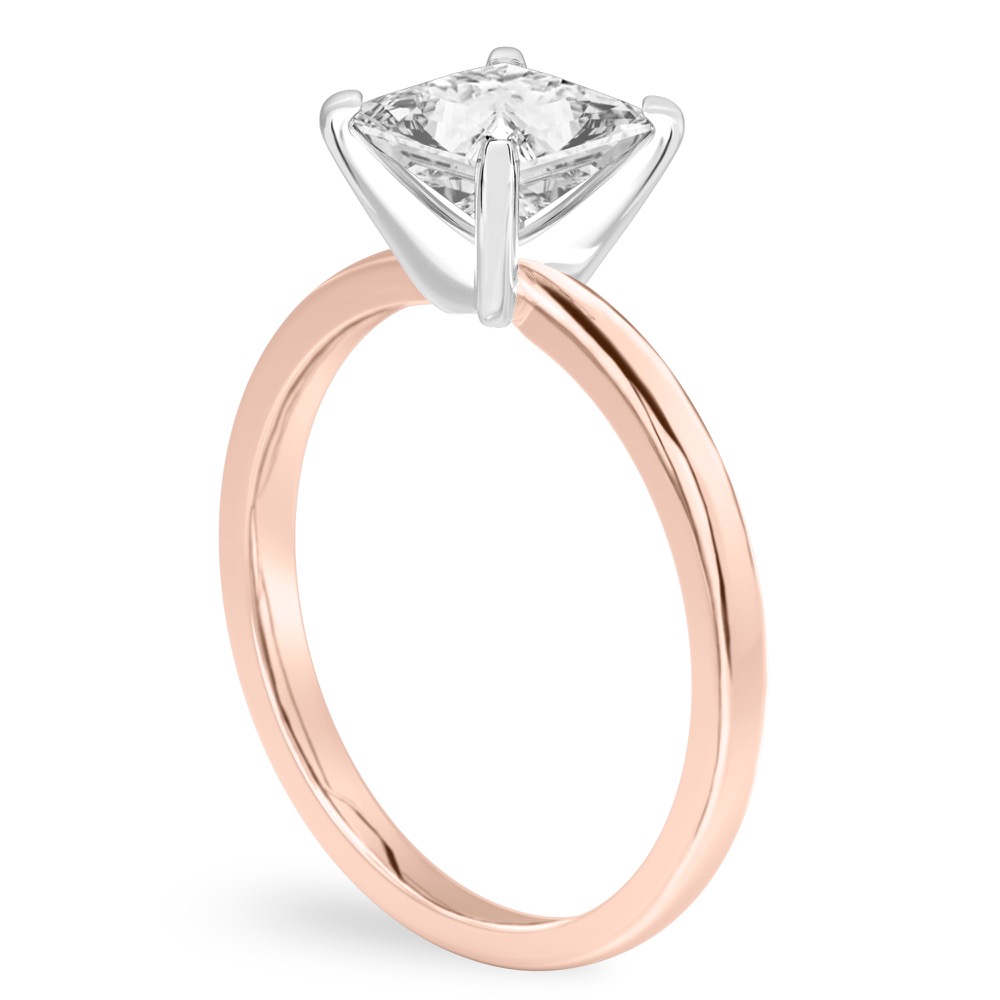 Angle view of princess cut diamond classic solitaire engagement ring in rose gold