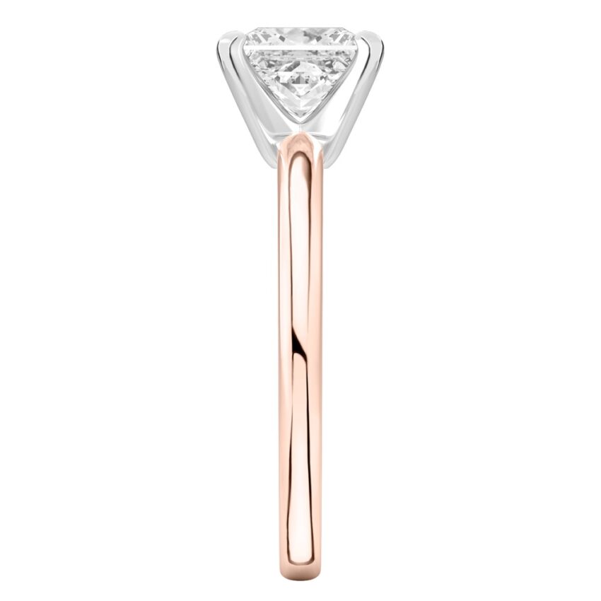 Side view of princess cut diamond classic solitaire engagement ring in rose gold