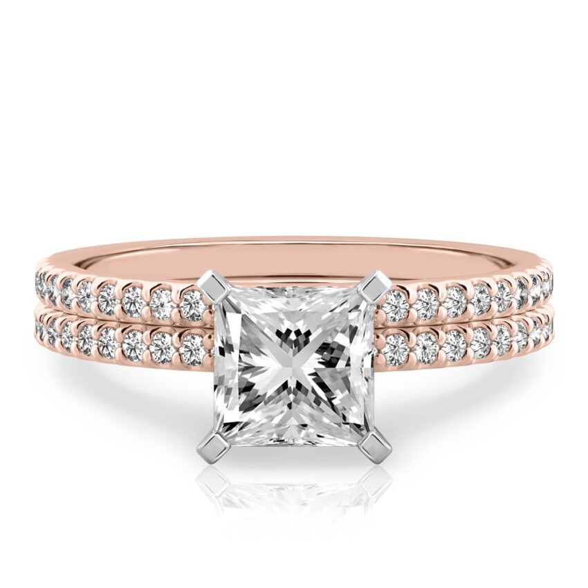 princess cut diamond dainty engagement ring set rose gold