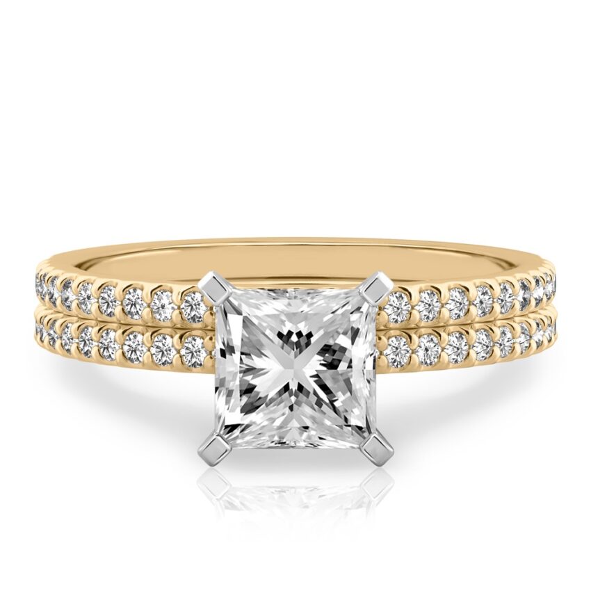 princess cut diamond dainty engagement ring set yellow gold