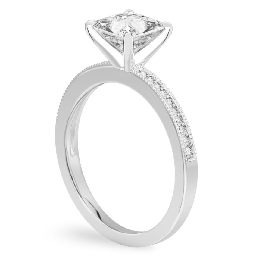 Angle view of princess cut diamond petite milgrain diamond engagement ring in palladium
