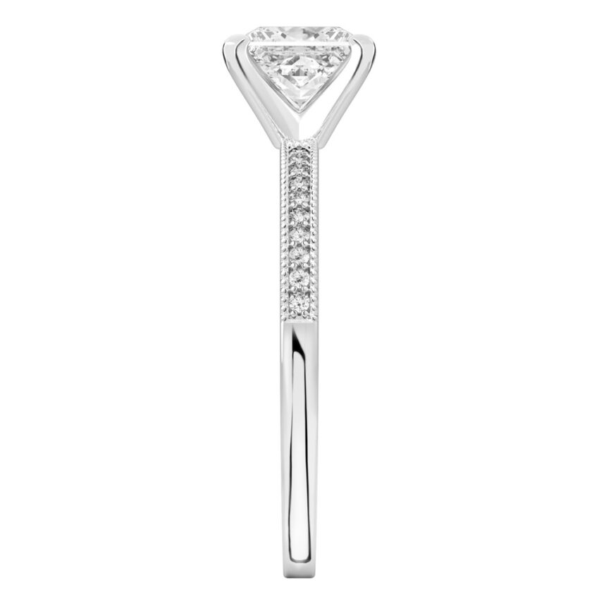 Side view of princess cut diamond petite milgrain diamond engagement ring in palladium