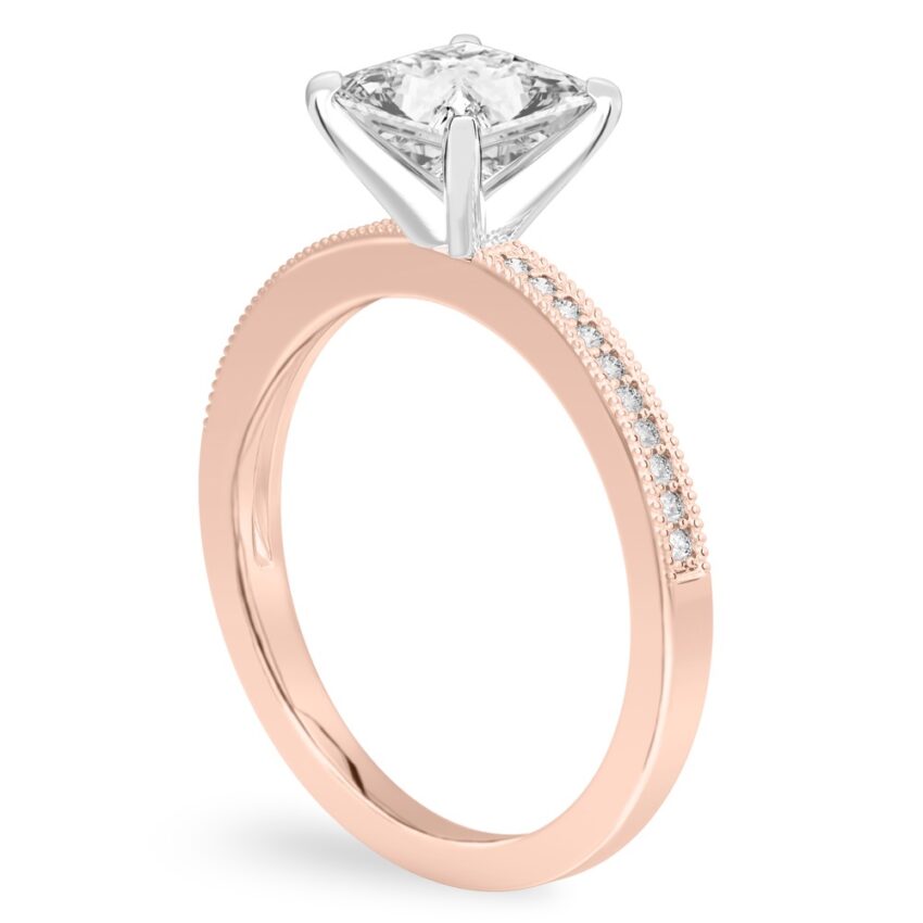 Angle view of princess cut diamond petite milgrain diamond engagement ring in rose gold