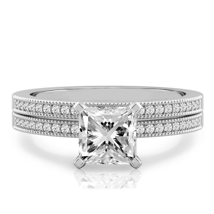 princess cut diamond petite milgrain diamond engagement ring set palladium