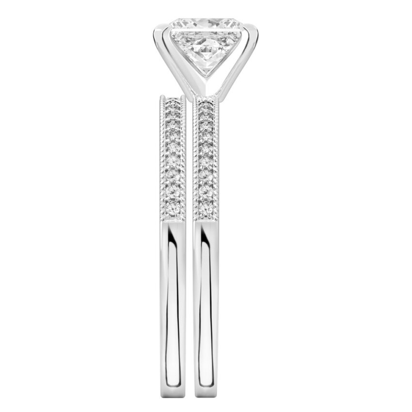 Side view of princess cut diamond petite milgrain diamond engagement ring set platinum