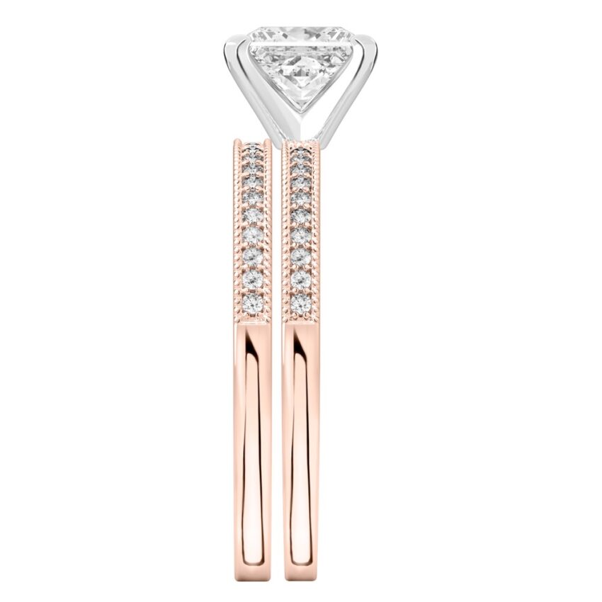Side view of princess cut diamond petite milgrain diamond engagement ring set rose gold