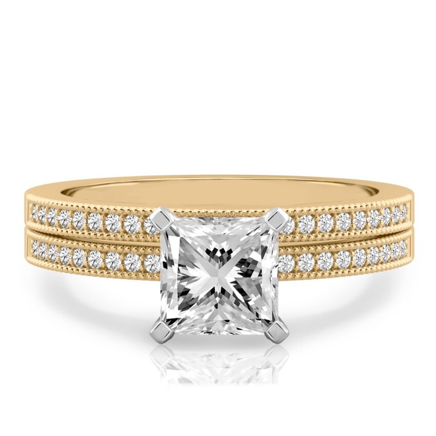 princess cut diamond petite milgrain diamond engagement ring set yellow gold