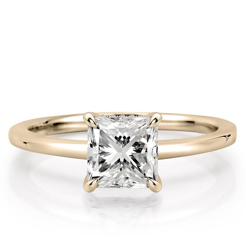 princess cut diamond secret halo engagement ring in yellow gold