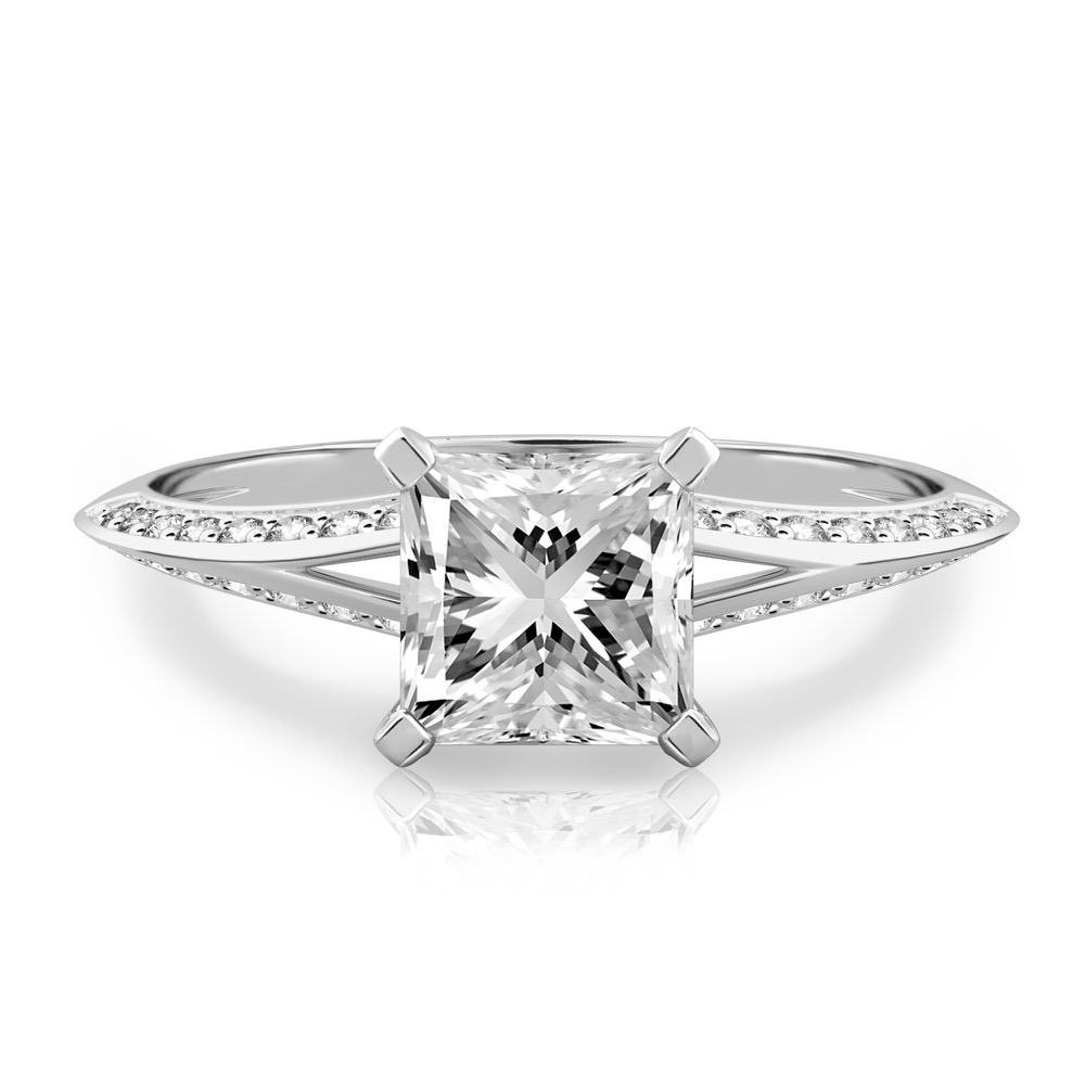 princess cut diamond split shank knife edge engagement ring in platinum