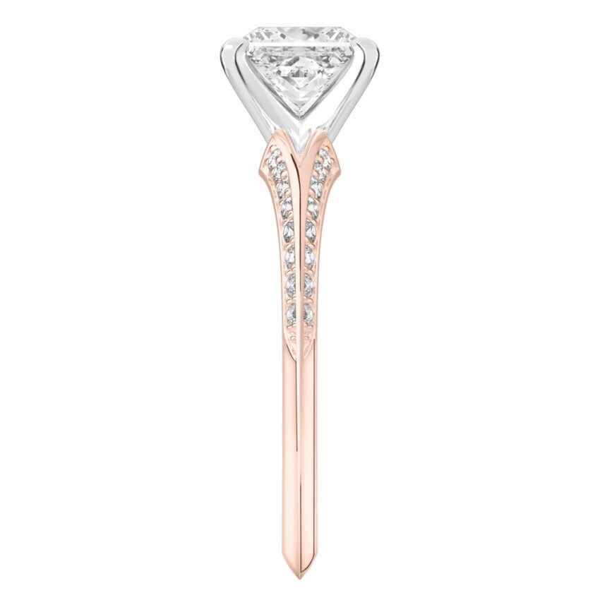 Side view of princess cut diamond split shank knife edge engagement ring in rose gold