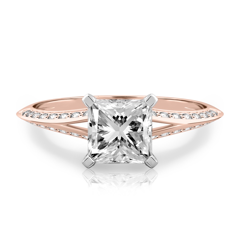 princess cut diamond split shank knife edge engagement ring in rose gold