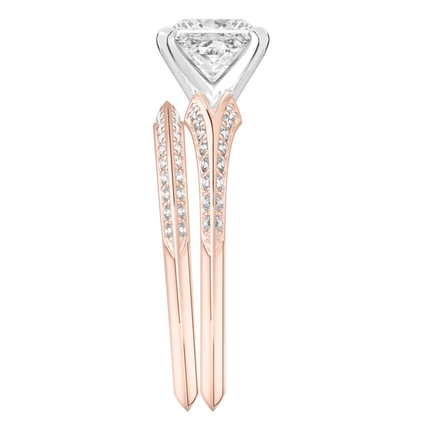 Side view of princess cut diamond split shank knife edge engagement ring set rose gold