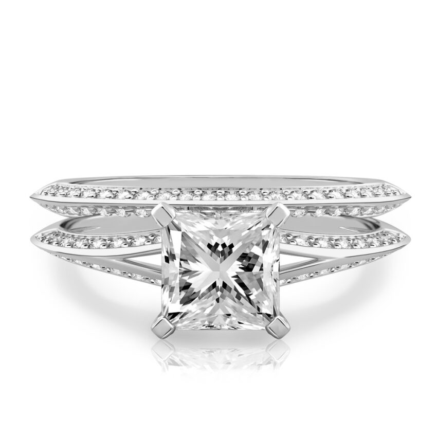 princess cut diamond split shank knife edge engagement ring set white gold