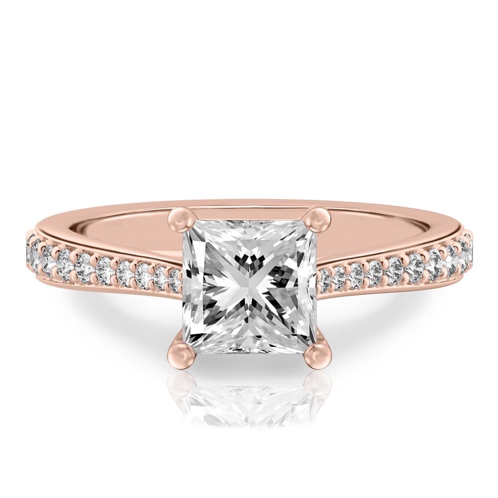 princess cut diamond tapered engagement ring in rose gold