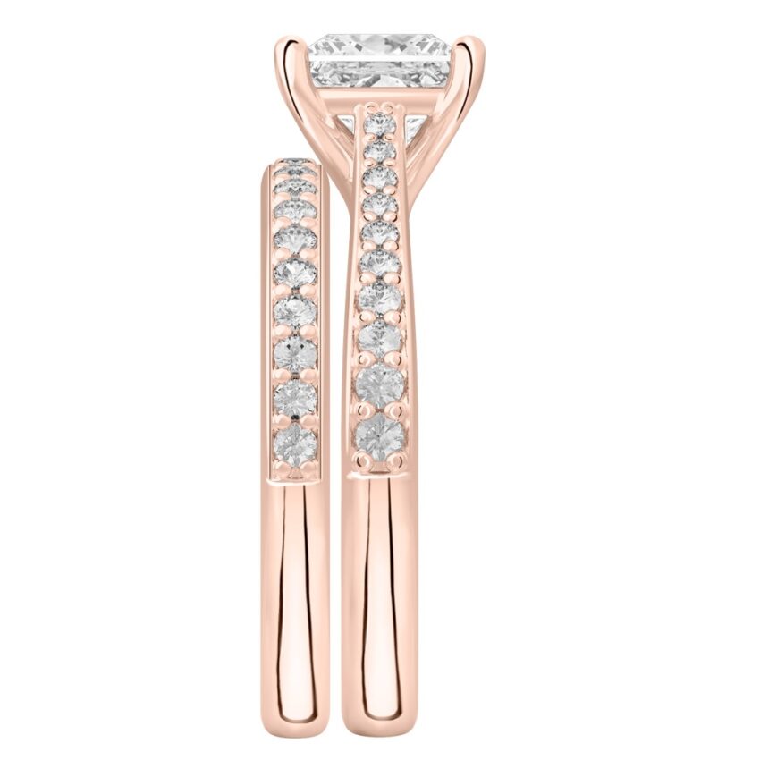 Side view of princess cut diamond tapered engagement ring set rose gold
