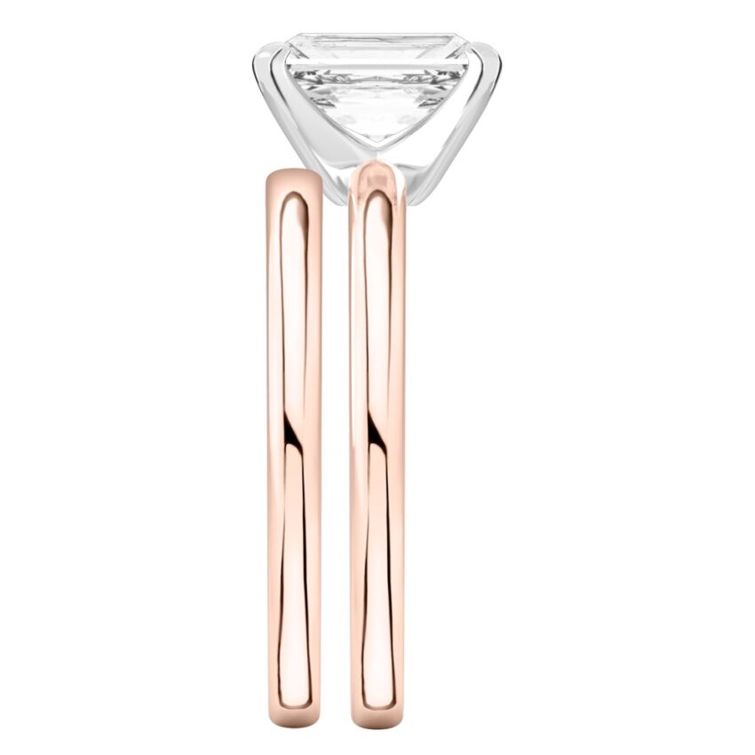 Side view of radiant cut diamond classic solitaire engagement ring set rose gold