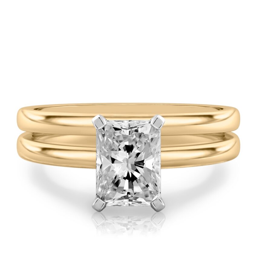 radiant cut diamond classic solitaire engagement ring set yellow gold