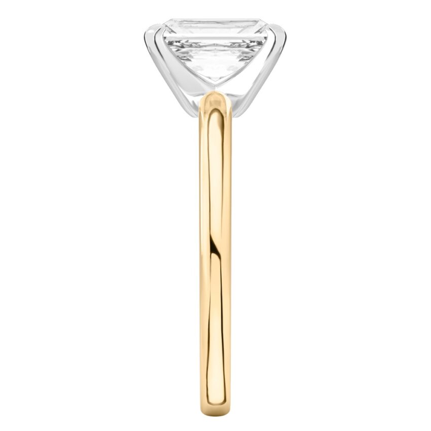 Side view of radiant cut diamond classic solitaire engagement ring in yellow gold