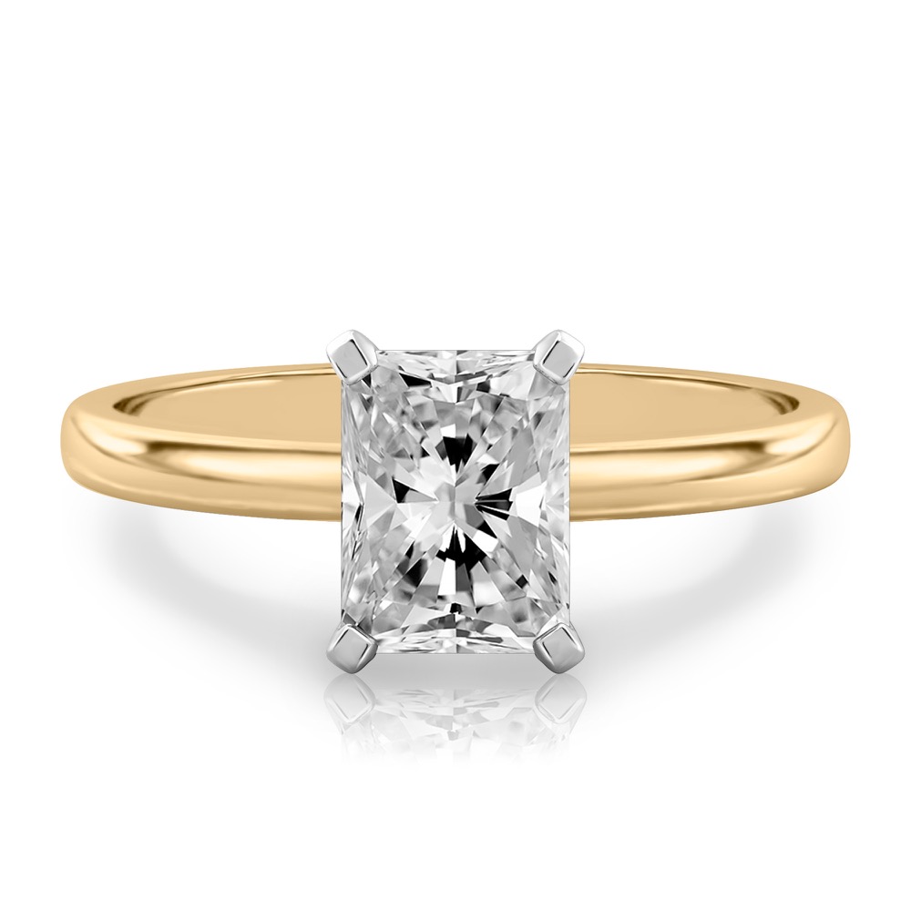 radiant cut diamond classic solitaire engagement ring in yellow gold