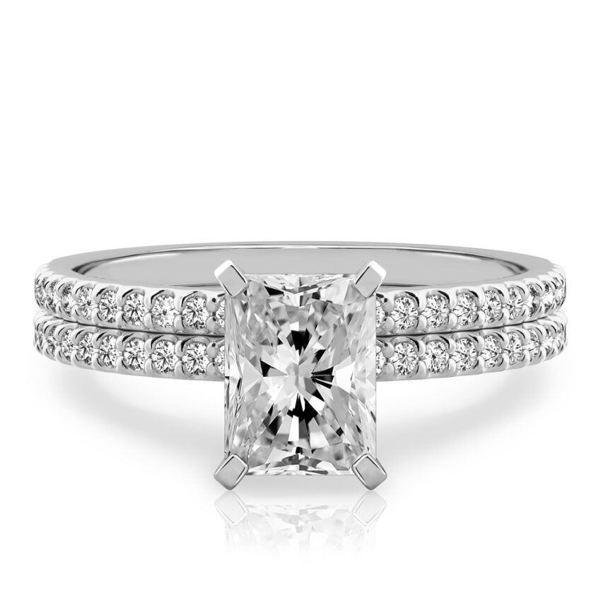 radiant cut diamond dainty engagement ring set platinum