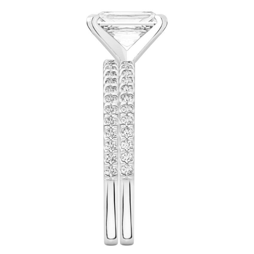 radiant cut diamond dainty engagement ring set platinum side