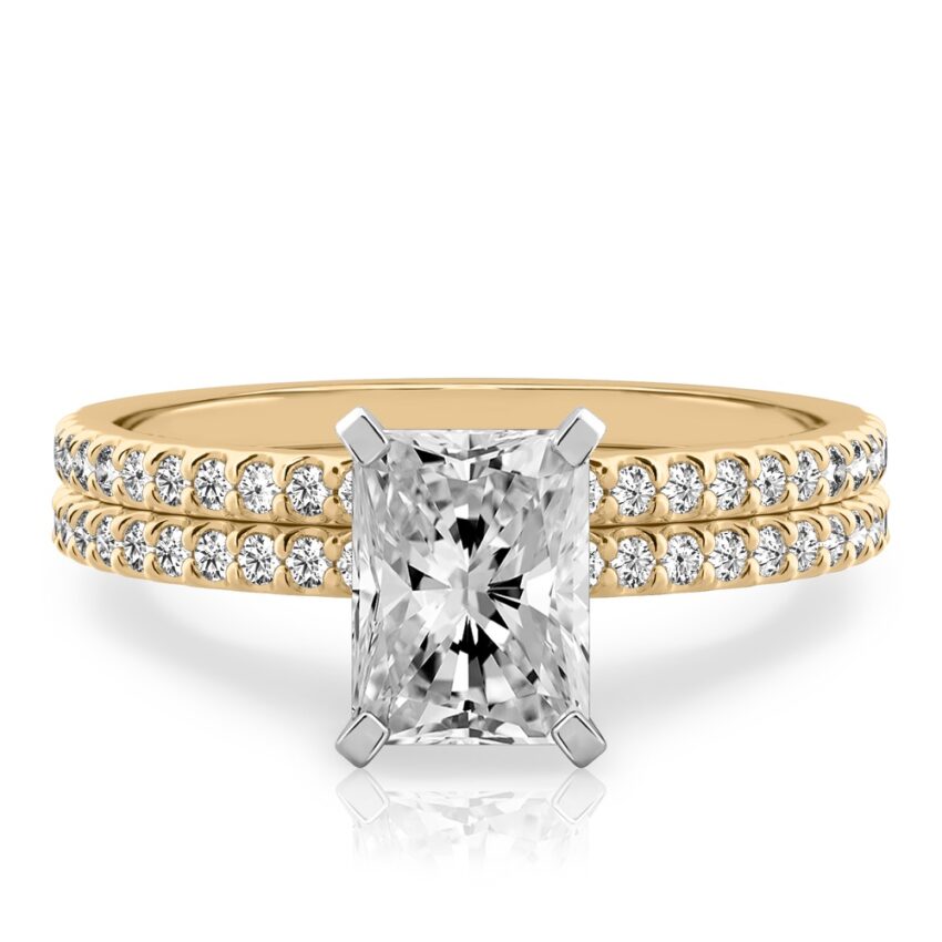radiant cut diamond dainty engagement ring set yellow gold