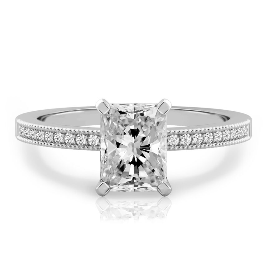 radiant cut diamond petite milgrain diamond engagement ring in palladium