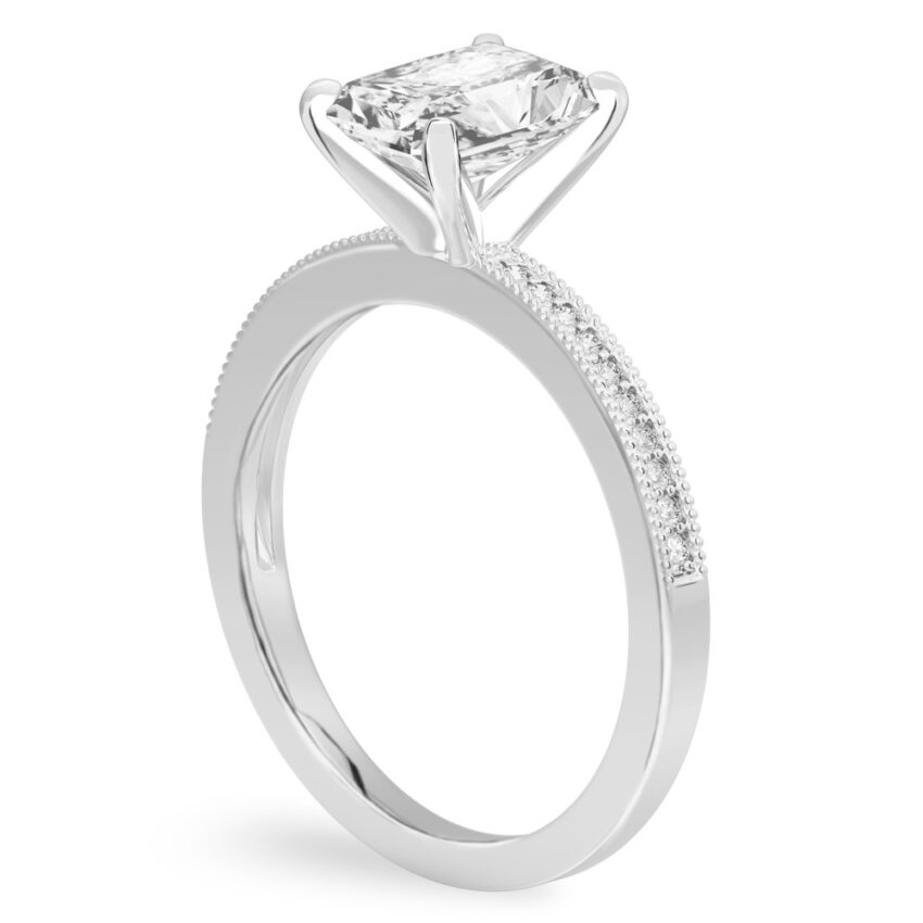 Angle view of radiant cut diamond petite milgrain diamond engagement ring in palladium