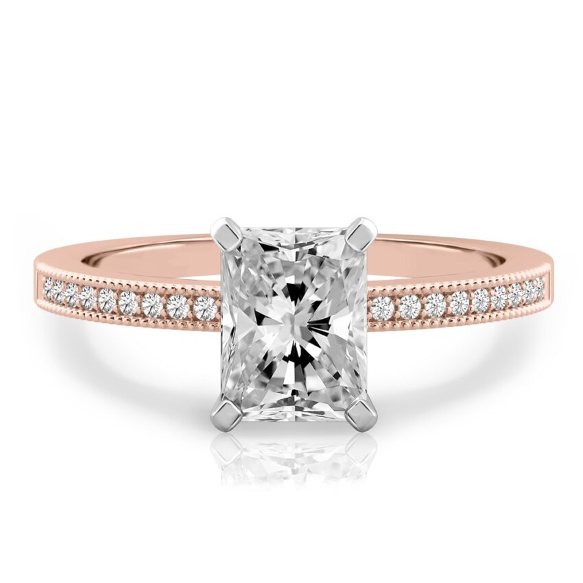 radiant cut diamond petite milgrain diamond engagement ring in rose gold