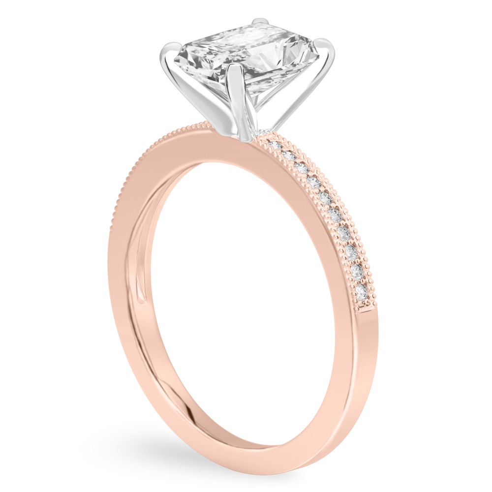 Angle view of radiant cut diamond petite milgrain diamond engagement ring in rose gold