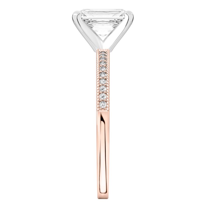 Side view of radiant cut diamond petite milgrain diamond engagement ring in rose gold