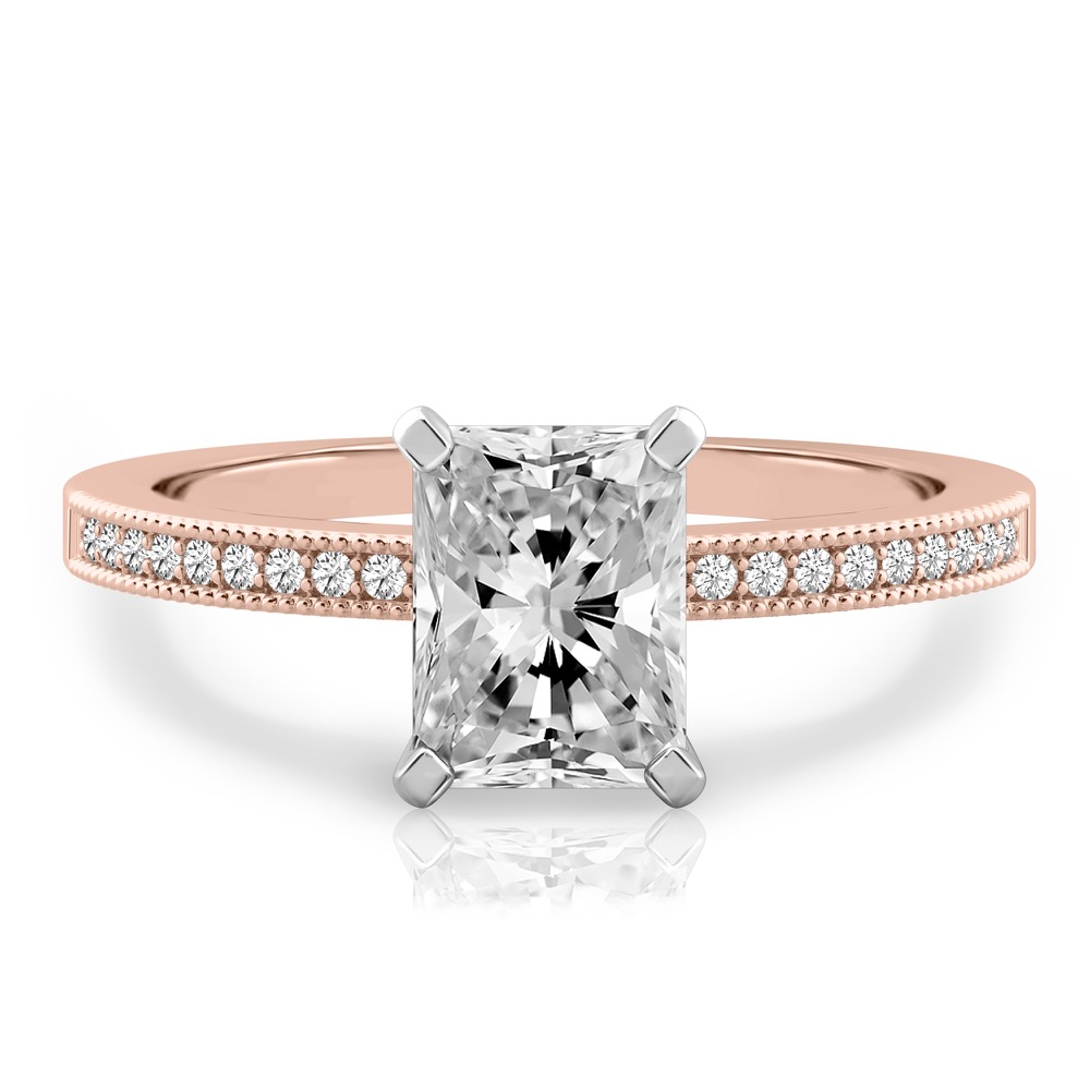 radiant cut diamond petite milgrain diamond engagement ring in rose gold