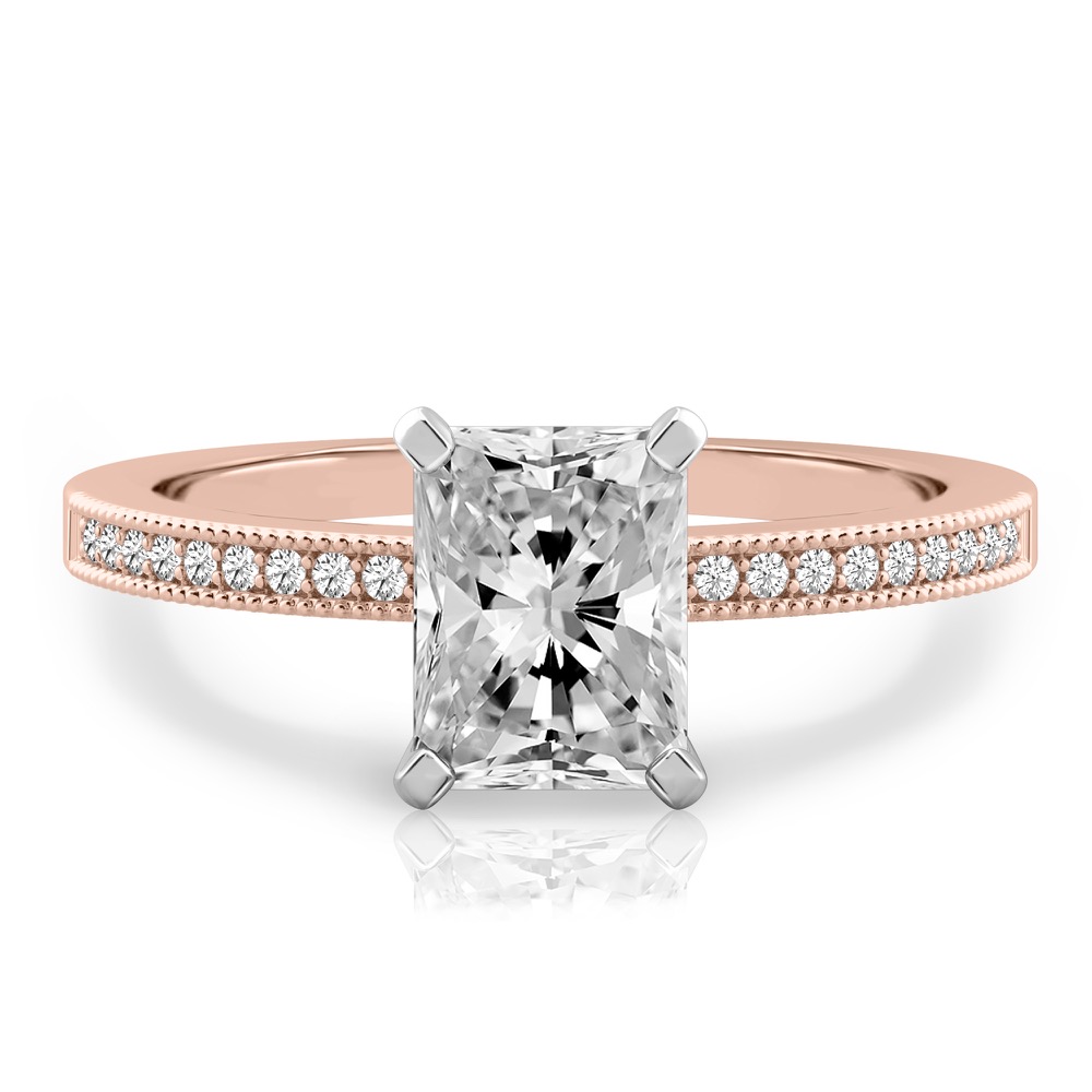 radiant cut diamond petite milgrain diamond engagement ring in rose gold