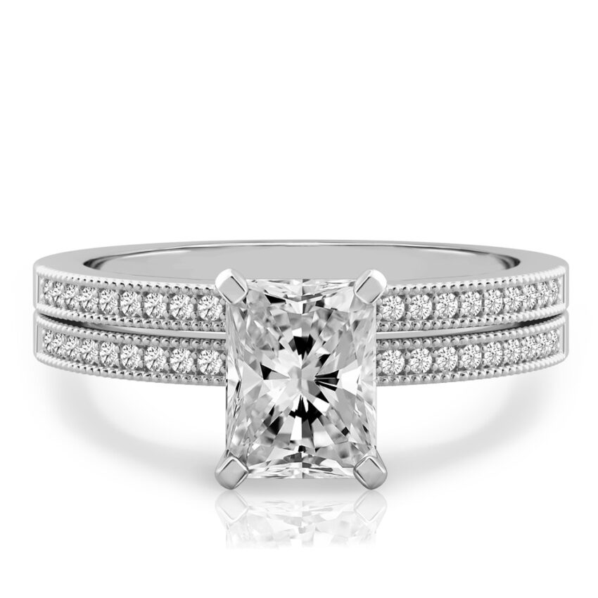 radiant cut diamond petite milgrain diamond engagement ring set palladium