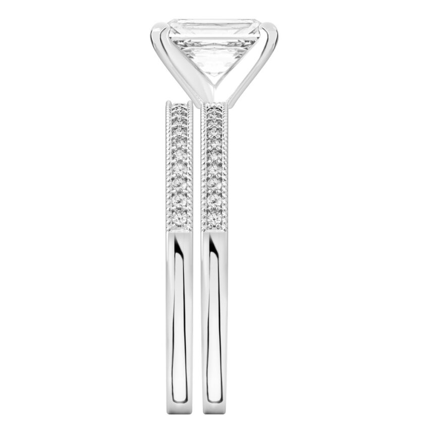 Side view of radiant cut diamond petite milgrain diamond engagement ring set palladium