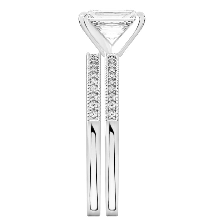 Side view of radiant cut diamond petite milgrain diamond engagement ring set platinum