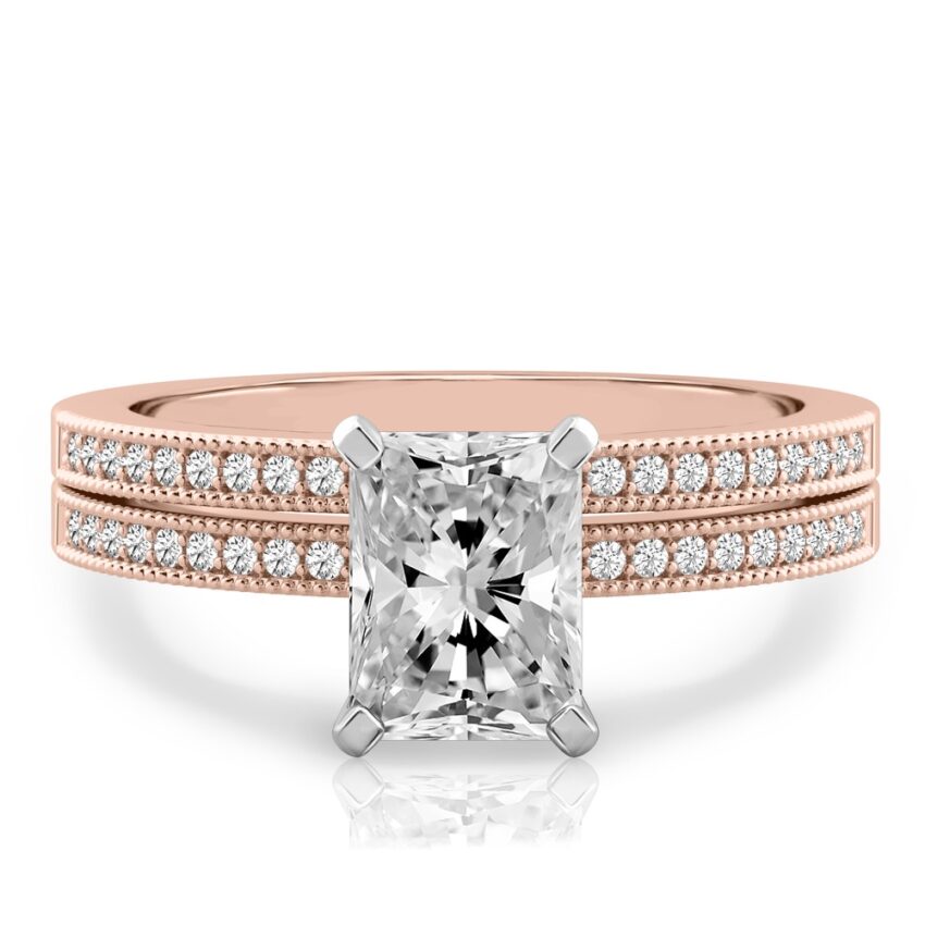 radiant cut diamond petite milgrain diamond engagement ring set rose gold
