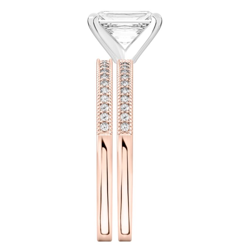 Side view of radiant cut diamond petite milgrain diamond engagement ring set rose gold