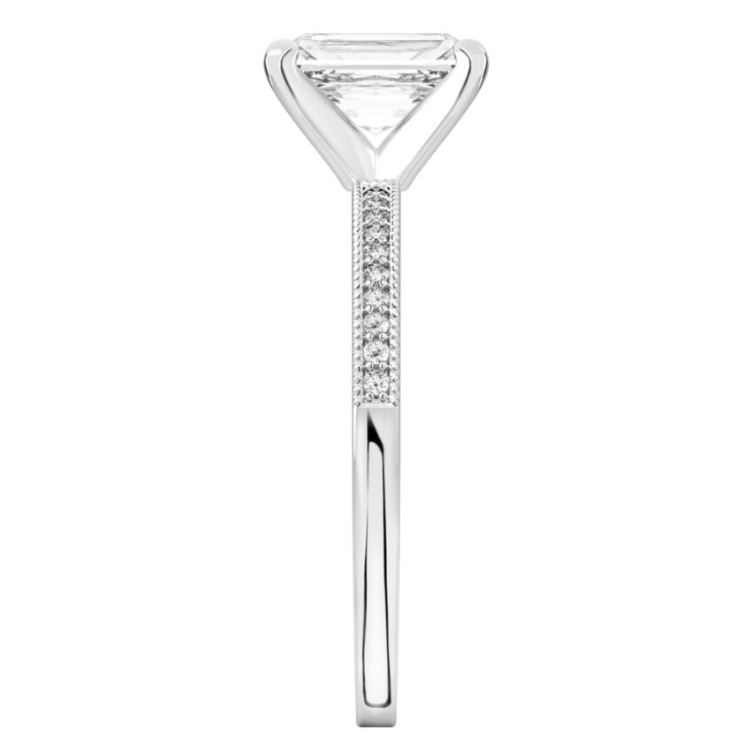 Side view of radiant cut diamond petite milgrain diamond engagement ring in white gold