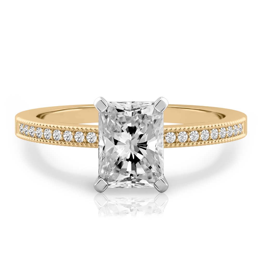 radiant cut diamond petite milgrain diamond engagement ring in yellow gold