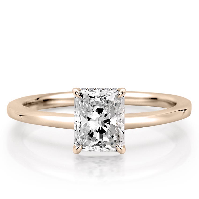 radiant cut diamond secret halo engagement ring in rose gold