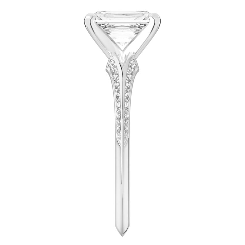 Side view of radiant cut diamond split shank knife edge engagement ring in platinum