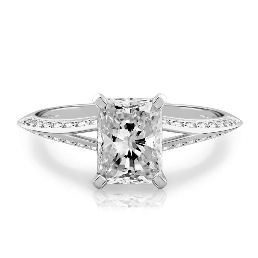 radiant cut diamond split shank knife edge engagement ring in platinum