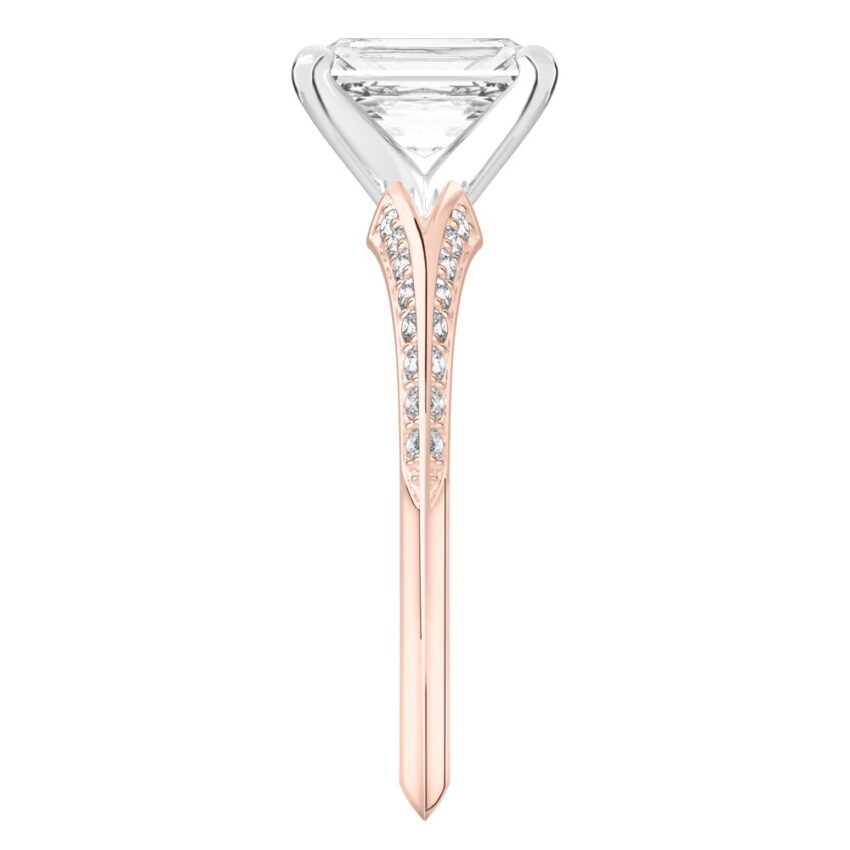 Side view of radiant cut diamond split shank knife edge engagement ring in rose gold